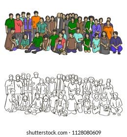 big asian family vector illustration sketch doodle hand drawn with black lines isolated on white background