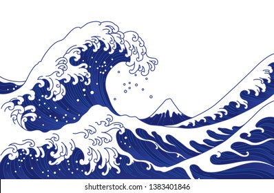 Big Asian ocean wave and the mountain illustration. Isolated on white background. Ocean of Kanagawa.