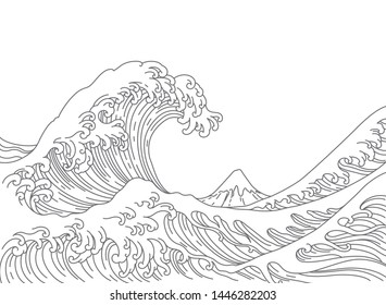 Big Asian ocean wave and the mountain illustration. Isolated on white background. Ocean of Kanagawa.Single line stroke.-Vector.