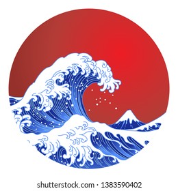 Big Asian ocean wave, red sun and the mountain illustration. Ocean of Kanagawa.Isolated on red sun background. 