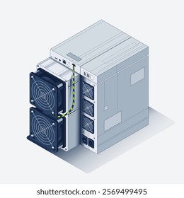 Big ASIC Bitcoin Miner. Bitcoin Mining. Application Specific Integrated Circuit. Antminer isometric view. Cryptocurrency mining equipment and hardware isolated on white. Vector Illustration