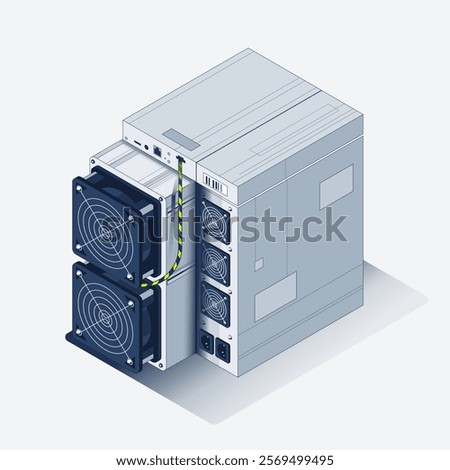Big ASIC Bitcoin Miner. Bitcoin Mining. Application Specific Integrated Circuit. Antminer isometric view. Cryptocurrency mining equipment and hardware isolated on white. Vector Illustration