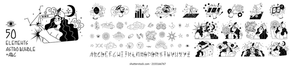 Big astro bundle and 50 astrological elements   compositions  original alphabet  Astrologer analyzes the date birth the client   draws up horoscope according to the zodiac sign  Vector