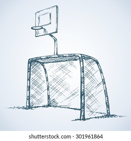 Big athletic b-ball and foot ball goalpost on green grass isolated on white. Vector freehand linear ink drawn background sketch in art scribble antique style pen on paper with space for text on sky