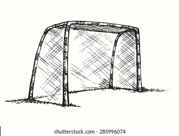 Big athletic foot ball goalpost on green grass court. Vector monochrome freehand linear ink drawn backdrop sketchy in art scribble antique style pen on paper with space for text on sky