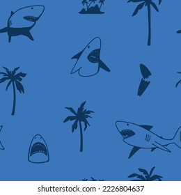 Big attack.Surf seamless pattern print.Shark drawing with surfboard seamless pattern.Fun t-shirt design.