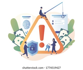 Señal de gran atención. Ataque a hackers de Internet y concepto de seguridad de datos personales. Pequeños hackers anónimos atacando. Tecnología de seguridad informática. Estilo moderno de dibujos animados planos. Ilustración del vector