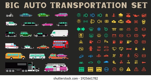 Grandes iconos de transporte automático colocados en el fondo negro. Símbolos de la interfaz del panel de control del automóvil