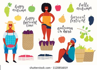 Big autumn harvest set with beautiful funny women picking cranberries, apples, pears, stomping grapes, quotes, fruits, berries. Isolated objects on white background. Vector illustration. Flat design.