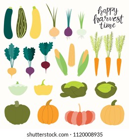 Big autumn harvest set with different vegetables, quote. Isolated objects on white background. Hand drawn vector illustration. Flat style design. Concept for fall, healthy eating, gardening.