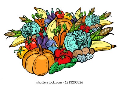 big autumn harvest, vegetarian vegetables. farm products. Isolate on white background. Comic cartoon pop art retro vector illustration drawing