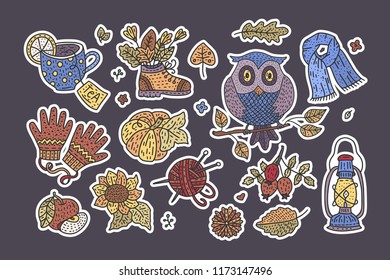 Big autumn icon set. Cozy fall hand drawn vector illustration. Isolated cute sticker fall collection.