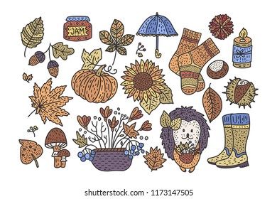Big autumn icon set. Cozy fall hand drawn vector illustration. Isolated cute sticker fall collection on a white background.