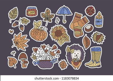 Big autumn icon set. Cozy fall hand drawn vector illustration. Isolated cute sticker fall collection.