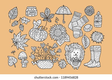 Big autumn icon set. Cozy fall hand drawn vector illustration. Isolated cute sticker fall collection.