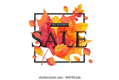 Big autumn SALE 3d style black sign in square frame on fiery autumn leaves background