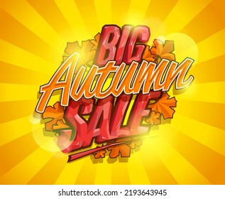 Big autumn sale, advertising vector lettering web banner design template, backdrop with rays and maple leaves