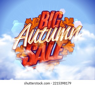 Big autumn sale, advertising vector web banner template with 3D lettering and cloudy sky background