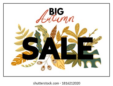Big autumn sale background with frame decorated with decorative leaves, banner design, flyers, web banner, postcard, poster. Autumn promotions, discounts and sales.Vector illustration template