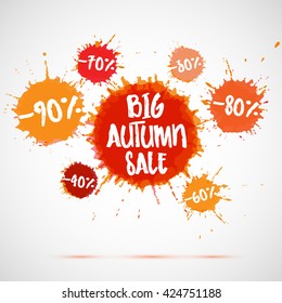 Big autumn sale badge, label. Vector watercolor banner with ink splashes. SALE autumn poster. Vector illustration. Special offer.