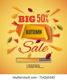 Big autumn sale banner with abstract leafs, loading bar and colorful particles on orange background. Template for poster or brochure.  Vector illustration.