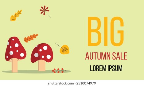 Big Autumn Sale Banner with Mushrooms and Leaves. Commerce and advertisement campaign seasonal leaflet