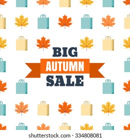 Big autumn sale banner white background. Vector flat style illustration with colorful maple leaves and shopping bags. Concept for buying goods via internet store, online shopping, flyer design.