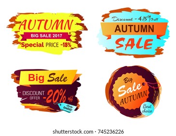 Big autumn sale clearance icons isolated on white background. Vector illustration with discount advert on beautiful golden yellow labels