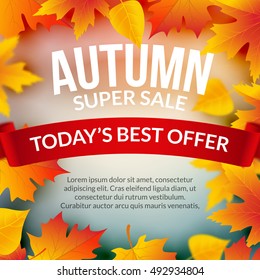Big autumn sale design template poster. Fall promotional flyer. Autumn discount best offer design with leaves.