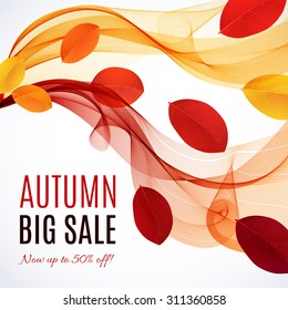 Big Autumn sale. Fall sale design. Can be used for flyers, banners or posters. Vector illustration with colorful autumn leaves 