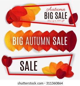 Big Autumn sale. Fall sale design. Three banners collection. Can be used for flyers, banners or posters. Vector illustration with colorful autumn leaves 