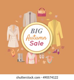 Big autumn sale. Fall outerwear sale banner poster. Autumn old collection sale. Discount on stylish fashionable designers clothes. Best world brands trends at low price. Thanksgiving day sale. Vector