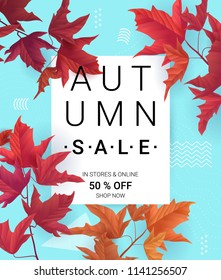 Big Autumn sale. Fall sale trendy design template. Can be used for flyers, banners or posters. Vector illustration with colorful autumn leaves 
