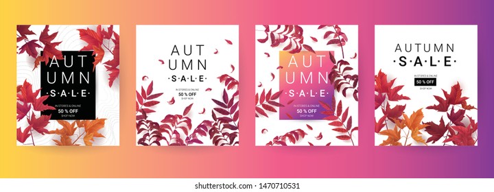 Big Autumn sale. Fall sale trendy design templates set. Can be used for flyers, banners or posters. Vector illustrations with colorful autumn leaves 