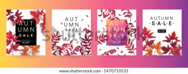 Big Autumn sale. Fall sale trendy design
templates set. Can be used for flyers, banners or posters. Vector
illustrations with colorful autumn leaves

