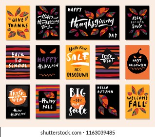 Big Autumn Sale. Happy Fall. Back To School. Happy Halloween.  Trick or Treat. Happy Thanksgiving Day. Set of modern calligraphic posters. Hand lettered greeting cards. Vector illustration