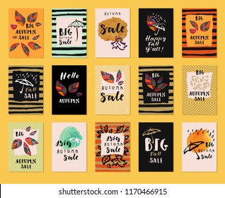 Big Autumn Sale. Happy Fall Y'all, Hello Autumn. Happy Thanksgiving. Happy Halloween. Welcome Back To School. Set of modern calligraphic compositions. Hand lettered icons. Vector illustration