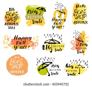 Big Autumn Sale. Happy Fall Y'all, Hello Autumn. Set of modern calligraphic compositions. Hand lettered icons. Vector illustration