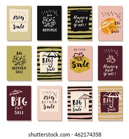 Big Autumn Sale. Happy Fall Y'all, Hello Autumn. Set of modern calligraphic posters. Hand lettered icons, postcards and promotion posters. Vector illustration