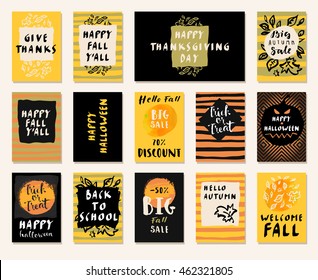 Big Autumn Sale. Happy Fall Y'all. Hello Autumn. Back To School. Happy Halloween.  Trick or Treat. Happy Thanksgiving Day. Set of modern calligraphic posters. Hand lettered greeting cards. Vector