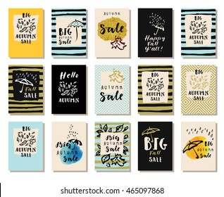 Big Autumn Sale. Happy Fall Y'all, Hello Autumn. Set of modern calligraphic posters. Hand lettered icons, postcards and promotion posters. Vector illustration