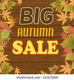 Big autumn sale with autumn leaves on a wooden background, vector illustration