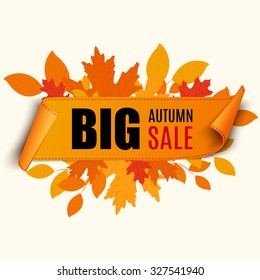 Big autumn sale paper scroll banner. Vector illustration