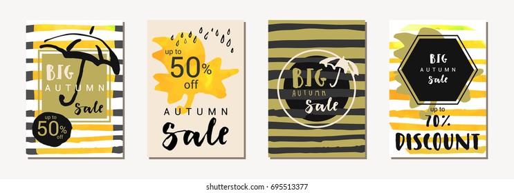 Big Autumn Sale. Set of modern calligraphic hand drawn fall season posters. Hand lettered icons, postcards and promotion posters. Vector illustration