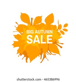Big autumn sale shopping banner shaped with autumn leaves and ink spots design