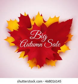 Big Autumn sale vector background with colorful leaves. 