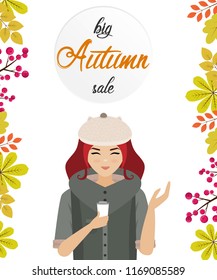 Big Autumn Sale. Autumn vector illustration.Pretty girl in autumn drinking coffee. 
