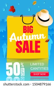 Big autumn sale web banner with shop bag,  50% off , hat and rainy city background. Vector elements for invitation flyer, promotion stickers, web banner and poster design.