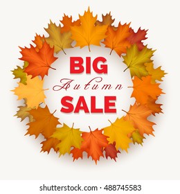 Big autumn sale wreath label. Vector autumn leaves fall border isolated on white background