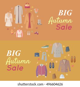 Gran concepto de Vector de ventas de otoño. Diseño plano. Zapatos y accesorios de ropa para mujeres y hombres calientes para la temporada fría en el fondo blanco con hojas caídas y texto de la etiqueta engomada para los descuentos y el diseño de la tienda